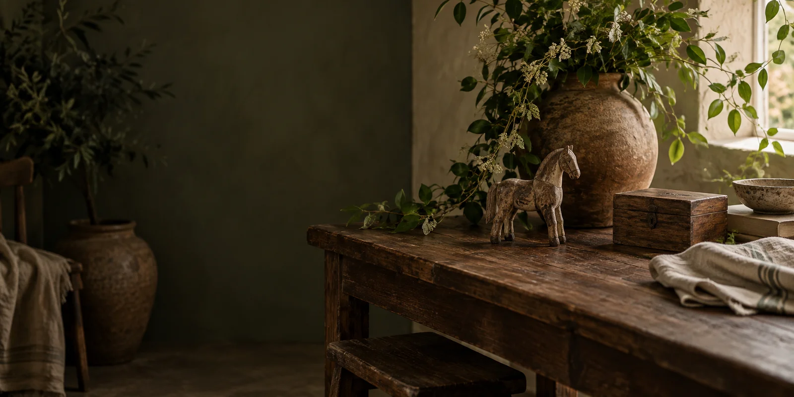 A treasured wooden horse and keepsake box on a worn timber table